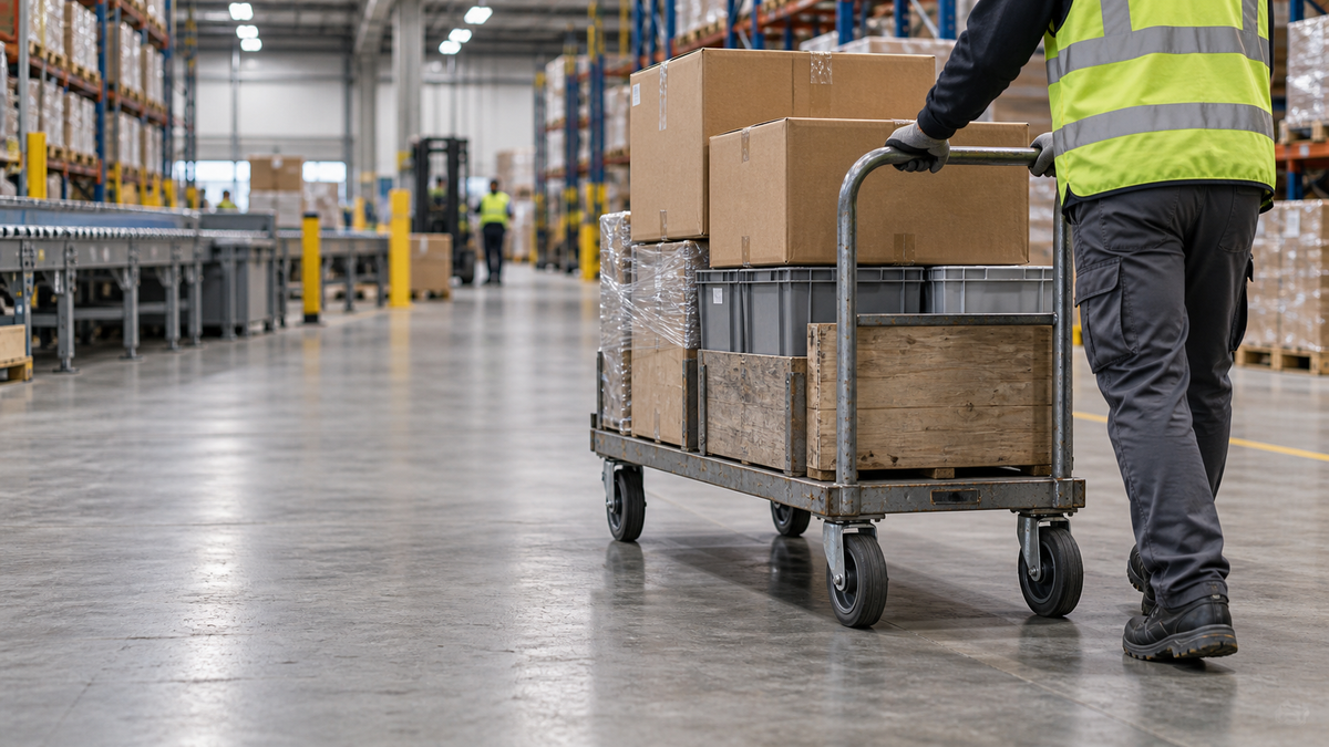 A worker easily pushing a heavily loaded cart through a busy distribution center