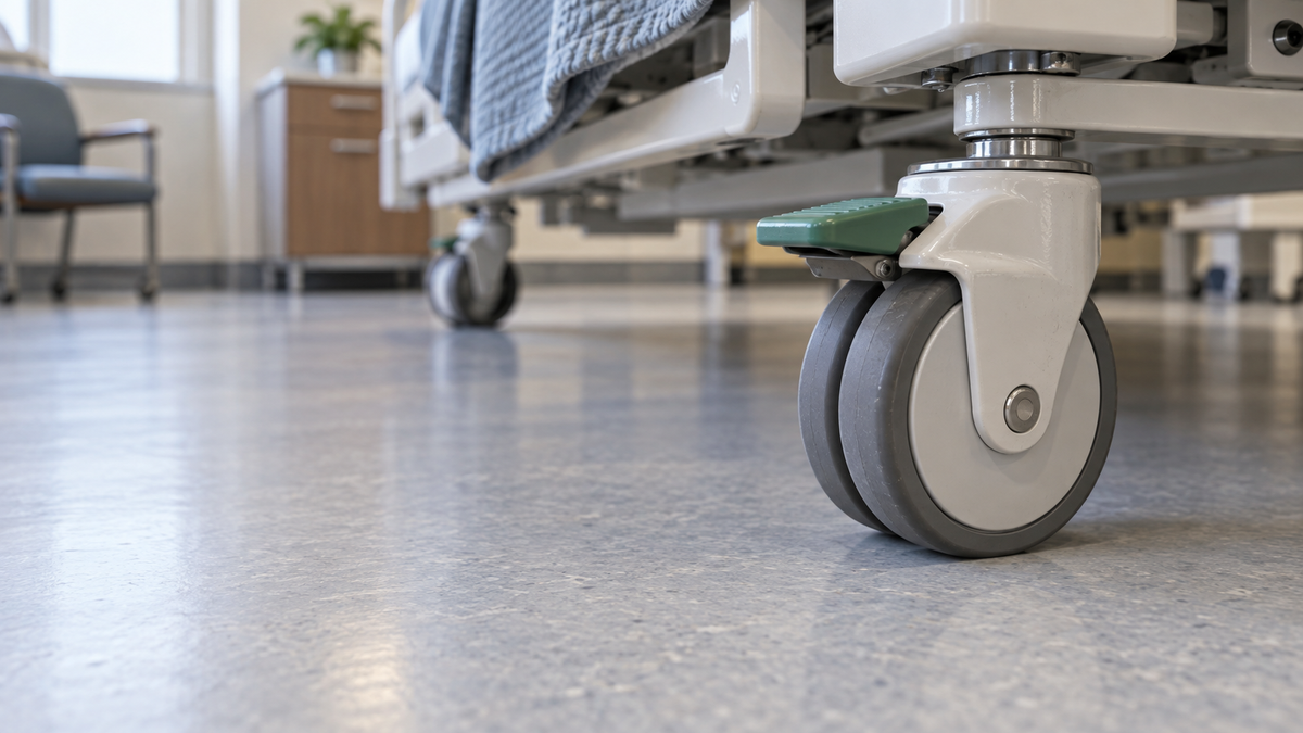 A hospital bed caster with a soft grey tread and a total-lock pedal on a clean patient-room floor