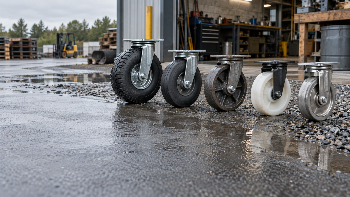 Five casters suited to outdoor use lined up on wet asphalt and gravel outside a loading bay