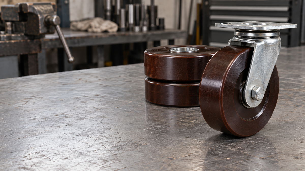 Dark phenolic resin caster wheels stacked on a bench, the laminated edge visible