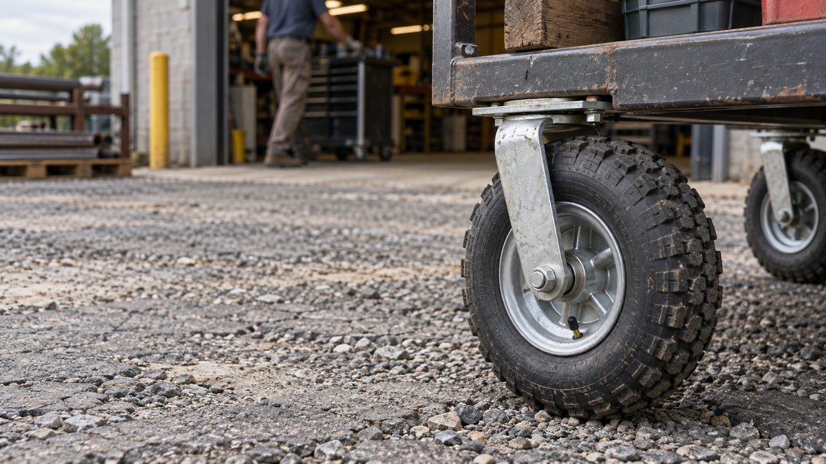 A large pneumatic caster with a pneumatic tire and visible valve stem on rough outdoor gravel