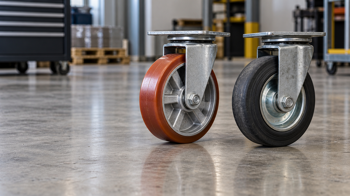 A polyurethane wheel and a rubber wheel side by side on concrete, showing the difference in tread