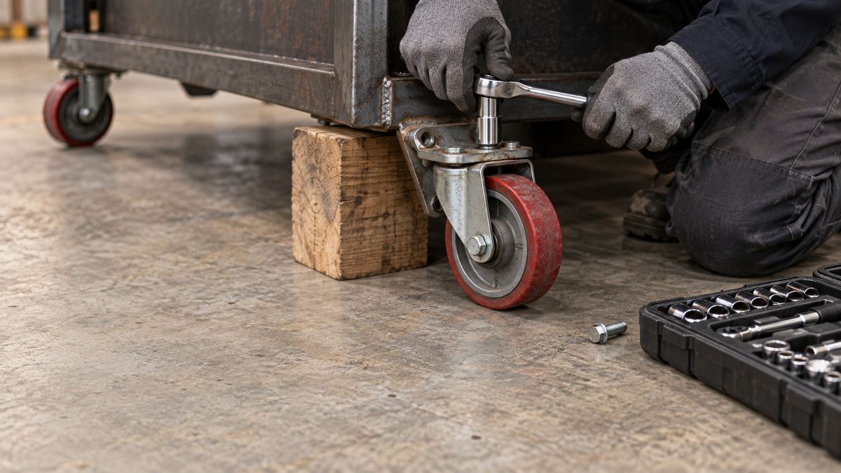 Gloved hands using a socket wrench to back a bolt out of a caster top plate under a tilted cart