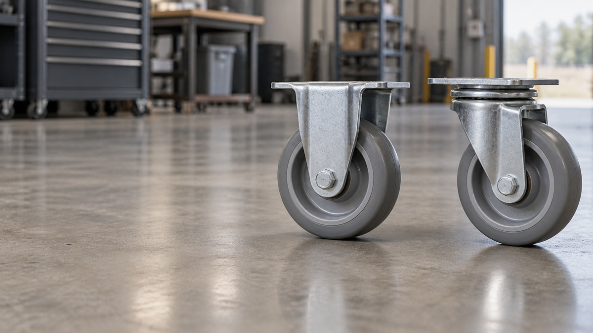 A rigid caster and a swivel caster side by side, the swivel fork turned to show it rotates