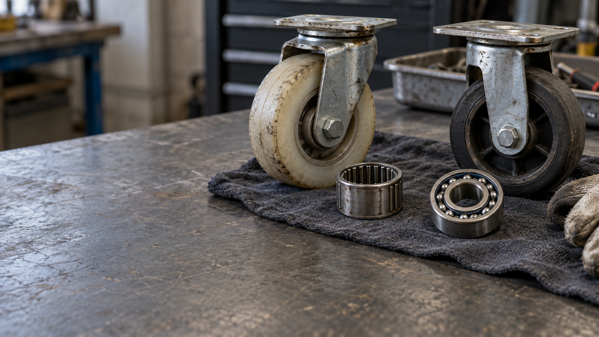 A roller bearing and a ball bearing removed from caster hubs, side by side on a cloth