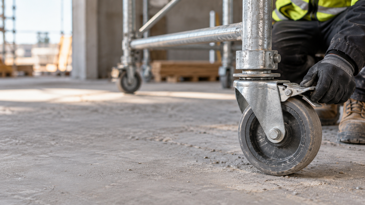 A locking scaffold caster fitted into a scaffold tube leg on a construction floor