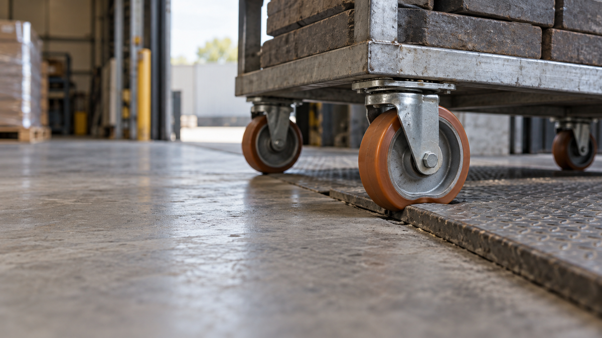 A loaded cart caster dropping off a dock plate edge, the wheel compressing on impact