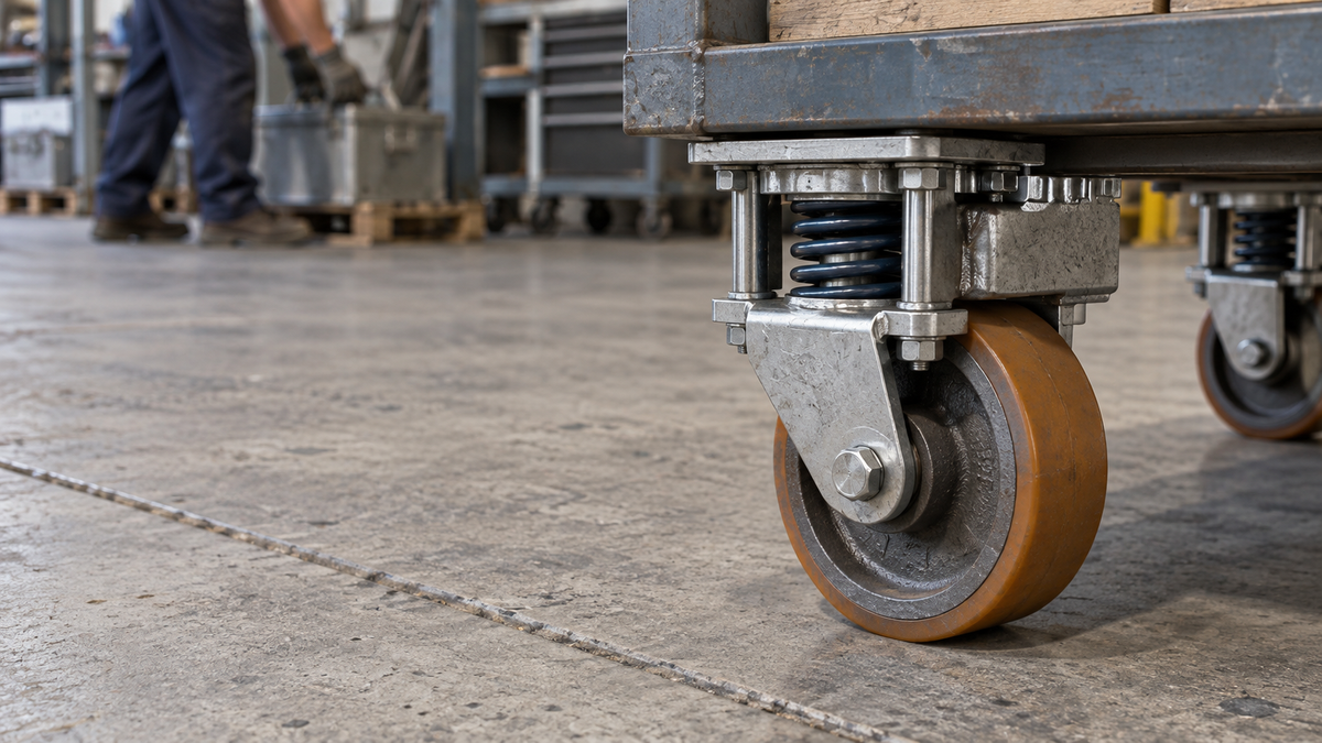 A spring-loaded shock-absorbing caster compressed under load, its coil spring clearly visible