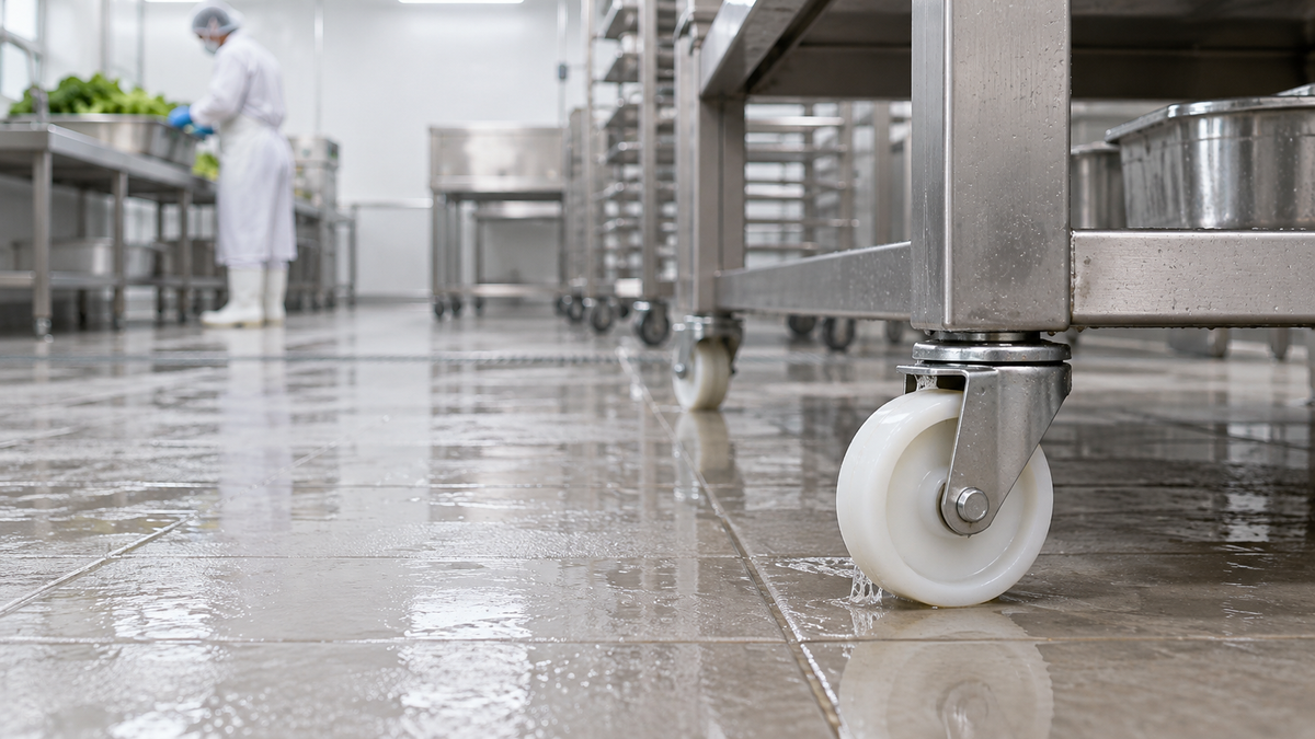 A stainless steel caster under a food-grade prep table in a washdown kitchen