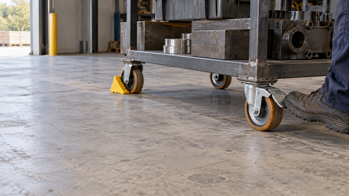 A wheel chock and an engaged total-lock brake holding a loaded cart still on a slope