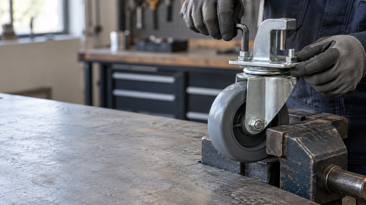 Gloved hands fitting a swivel lock bracket to a caster held in a bench vise
