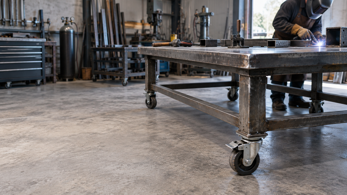 A heavy industrial worktable on braked casters in a fabrication shop