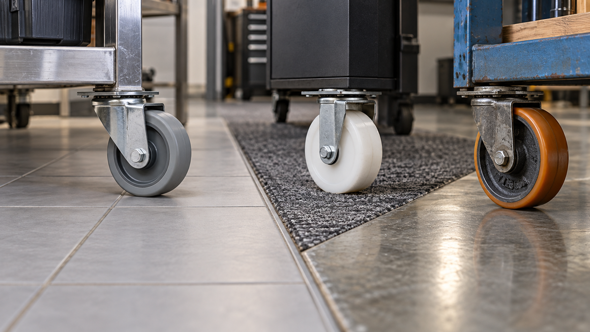 Three caster wheels standing on three floor materials that meet in the frame
