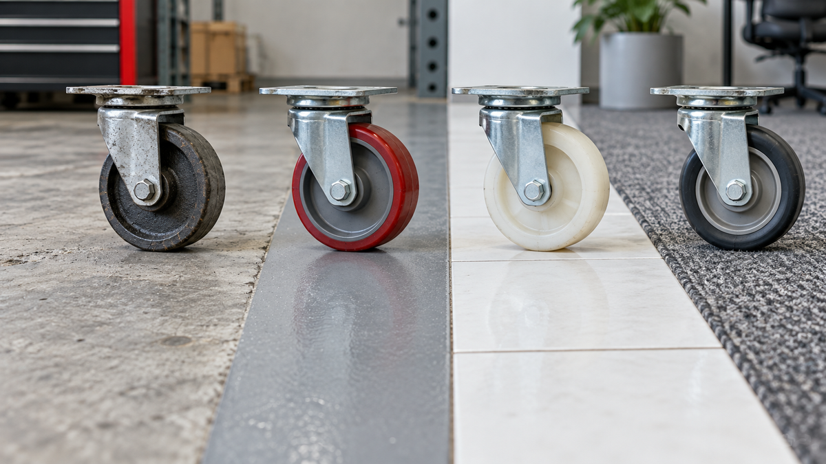 Four caster wheels each standing on a different floor surface: concrete, epoxy, tile and carpet