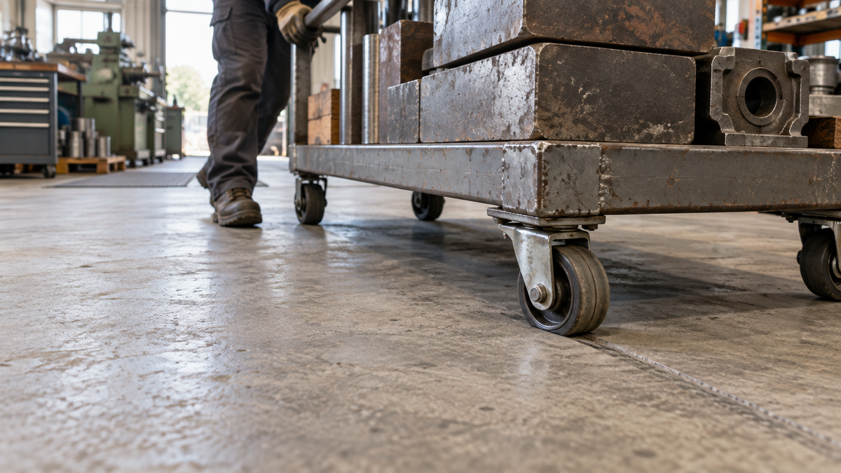A cart loaded heavily on one side, one caster visibly deformed and the floor scored beneath it