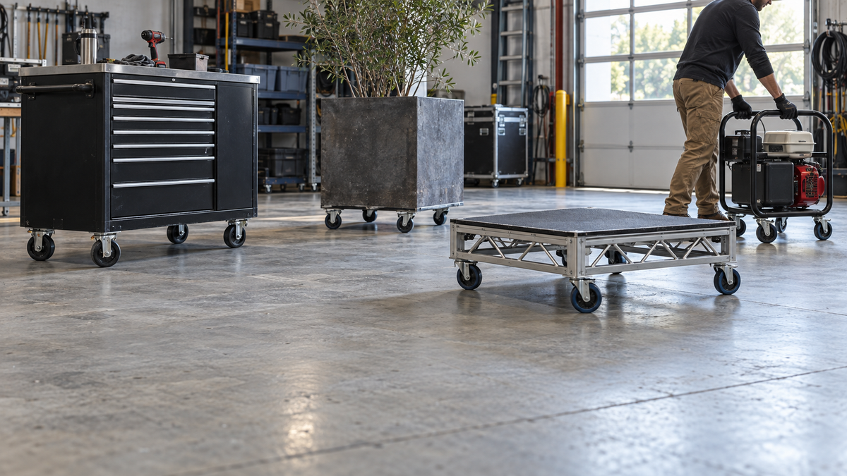 Casters fitted to unusual objects: a rolling toolbox, a planter base, a stage riser and a generator frame