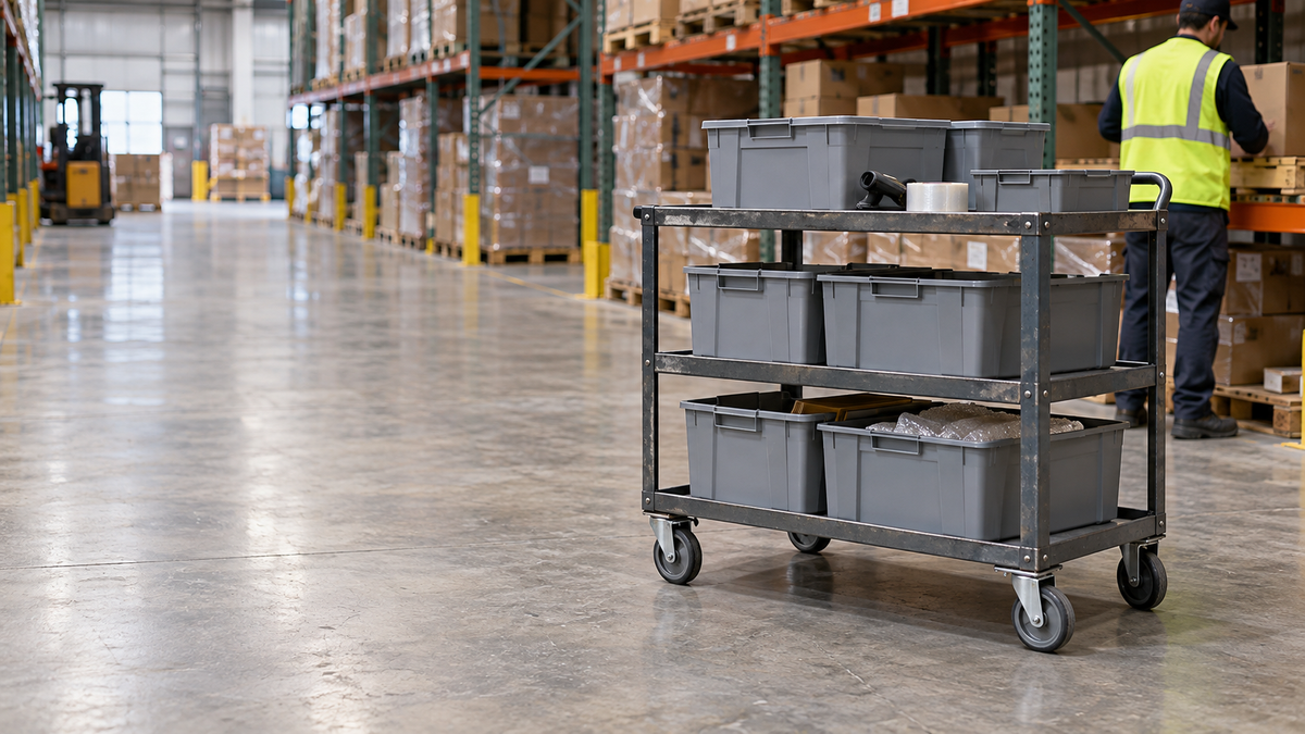 A loaded three-shelf utility cart on swivel casters in a distribution aisle