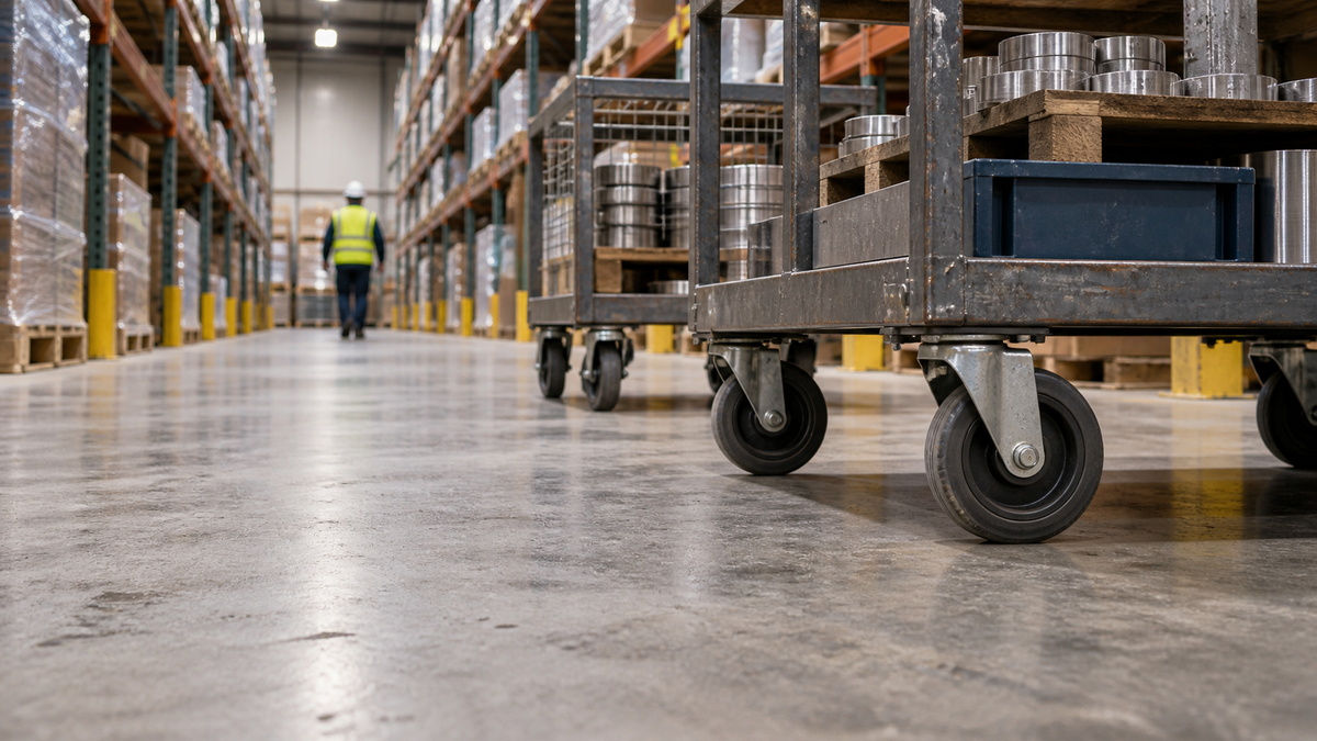 Loaded carts on heavy casters moving down a warehouse aisle between tall racking