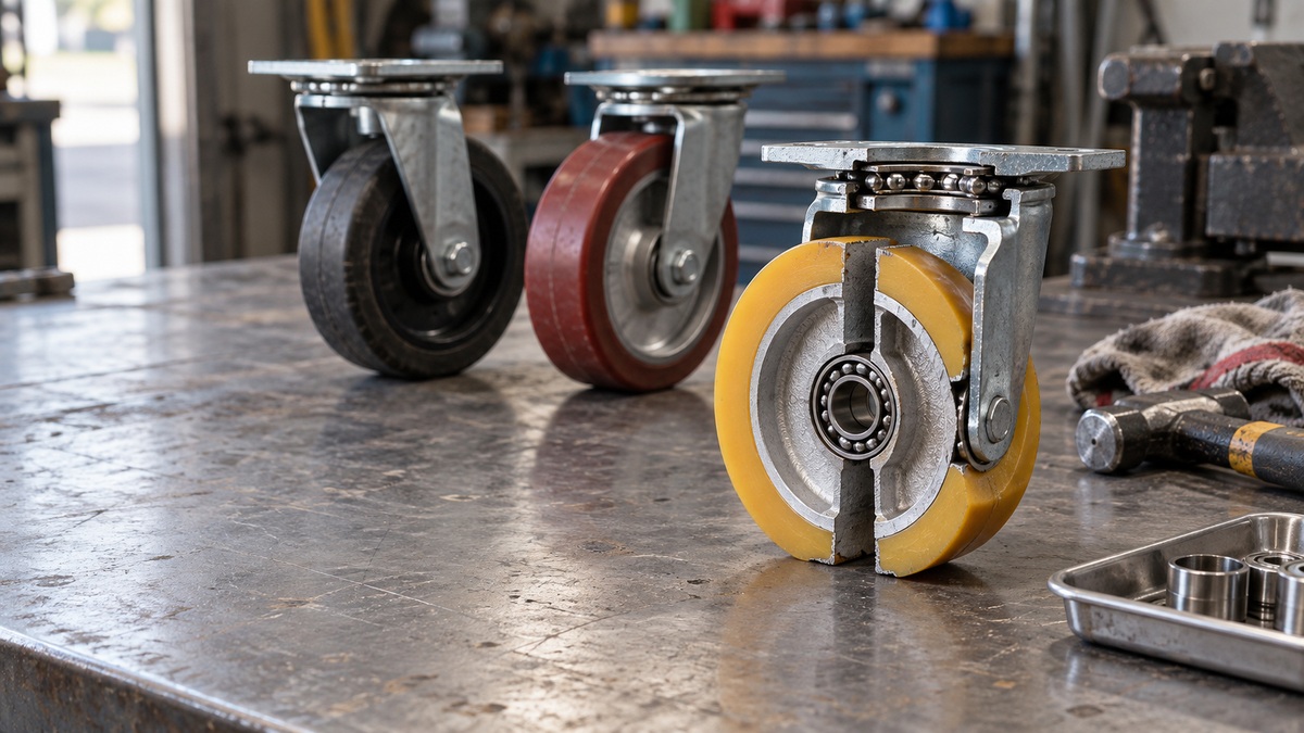 A cross-sectioned caster wheel on a bench showing the tread bonded to its core