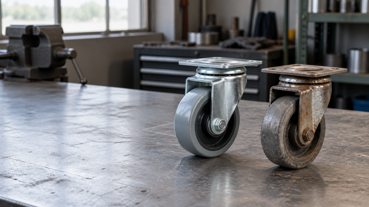 A bright zinc-plated caster rig beside an unplated rusting one on a steel bench