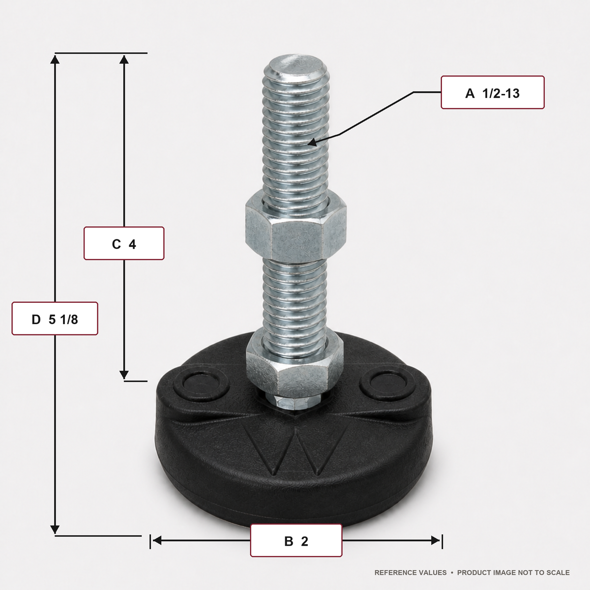 1/2"-13 x 4" Threaded Stud Steel Leveling Mount with 2" Nylon Base - BNYLB24 - dimension