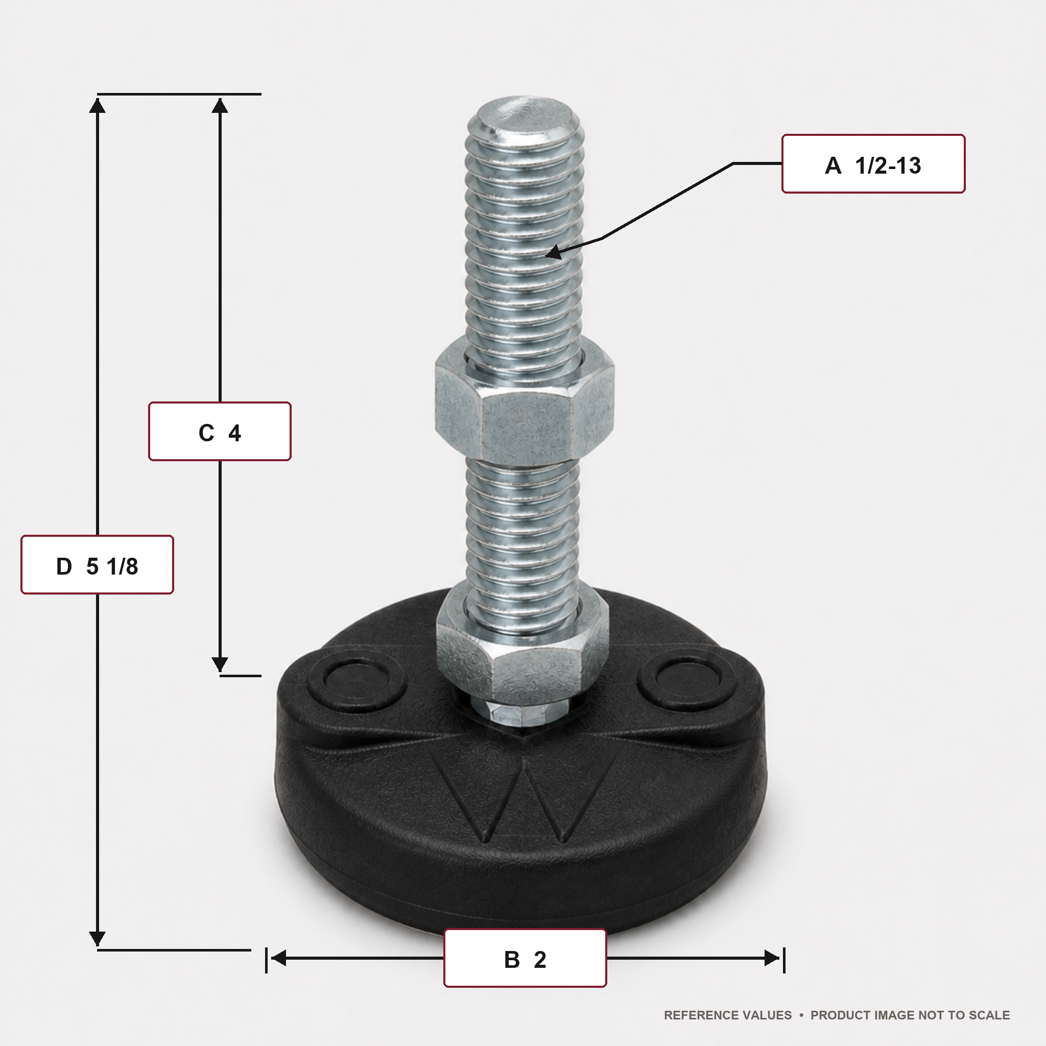 1/2"-13 x 4" Threaded Stud Steel Leveling Mount with 2" Nylon Base - BNYLB24 - dimension