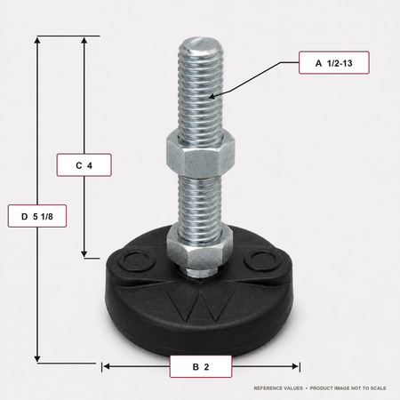 1/2"-13 x 4" Threaded Stud Steel Leveling Mount with 2" Nylon Base - BNYLB24 - dimension