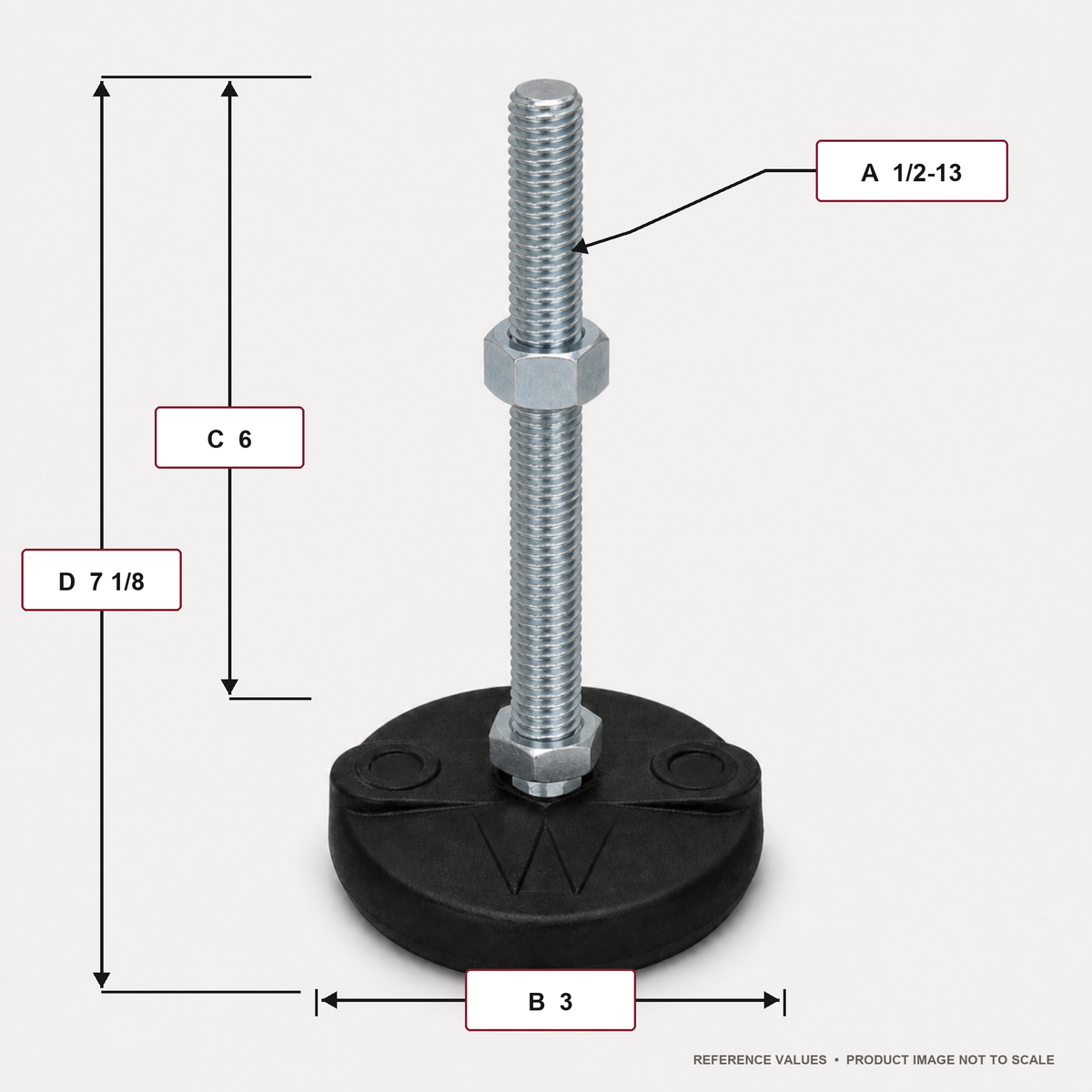1/2"-13x6" Threaded Stud Steel Leveling Mount with 3" Nylon Base -BNYLB36 - dimension