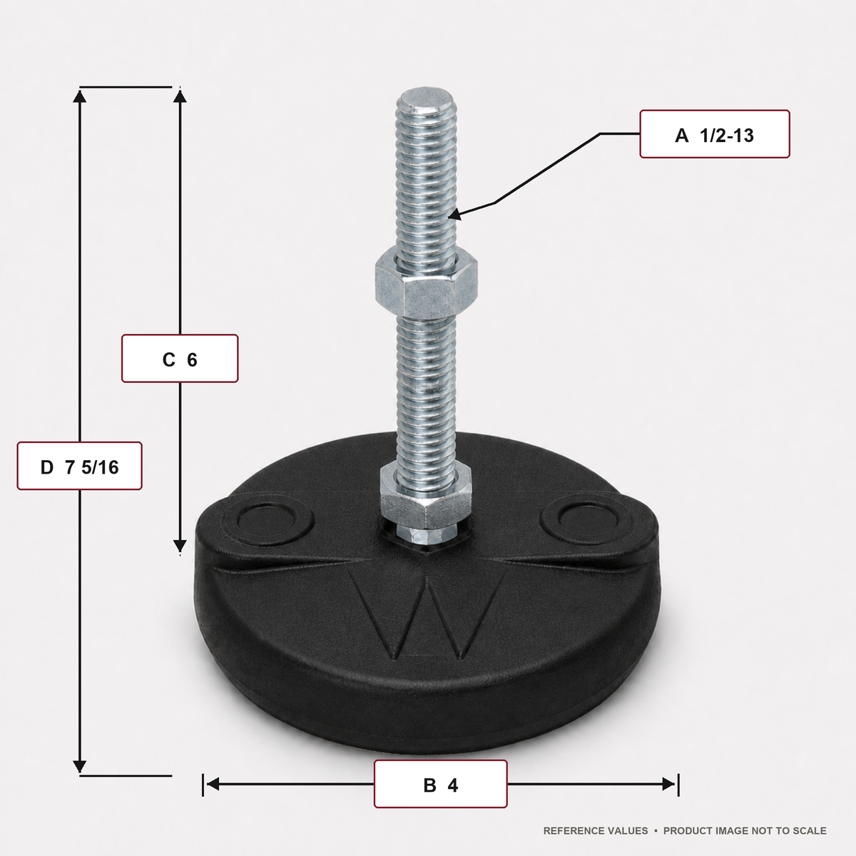 1/2"-13x6" Threaded Stud Steel Leveling Mount with 4" Nylon Base - BNYLB46 - dimension