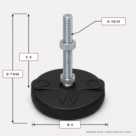 1/2"-13x6" Threaded Stud Steel Leveling Mount with 4" Nylon Base - BNYLB46 - dimension