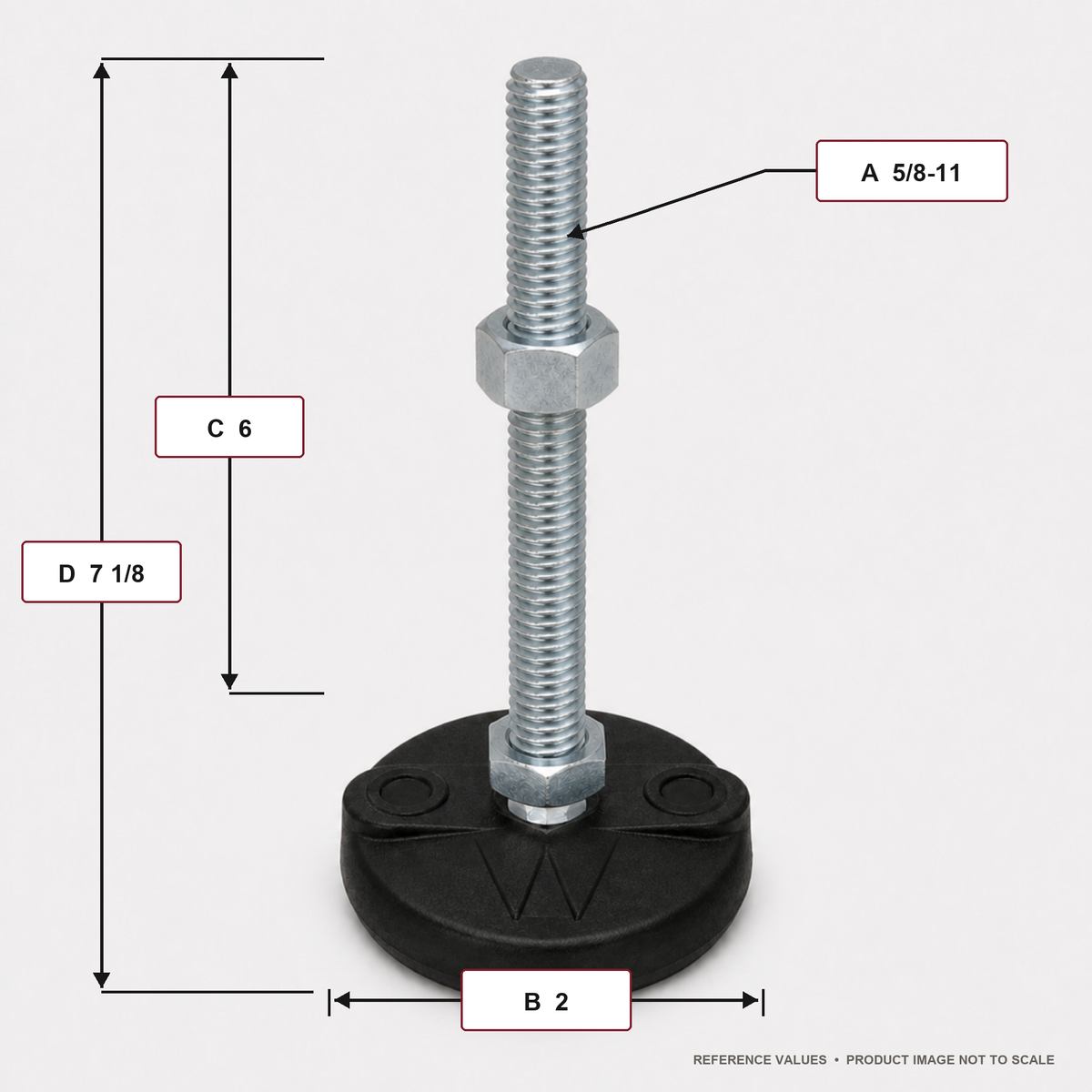 5/8"-11x6" Threaded Stud Steel Leveling Mount with 2" Nylon Base - BNYLC26 - dimension