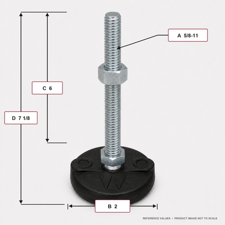 5/8"-11x6" Threaded Stud Steel Leveling Mount with 2" Nylon Base - BNYLC26 - dimension