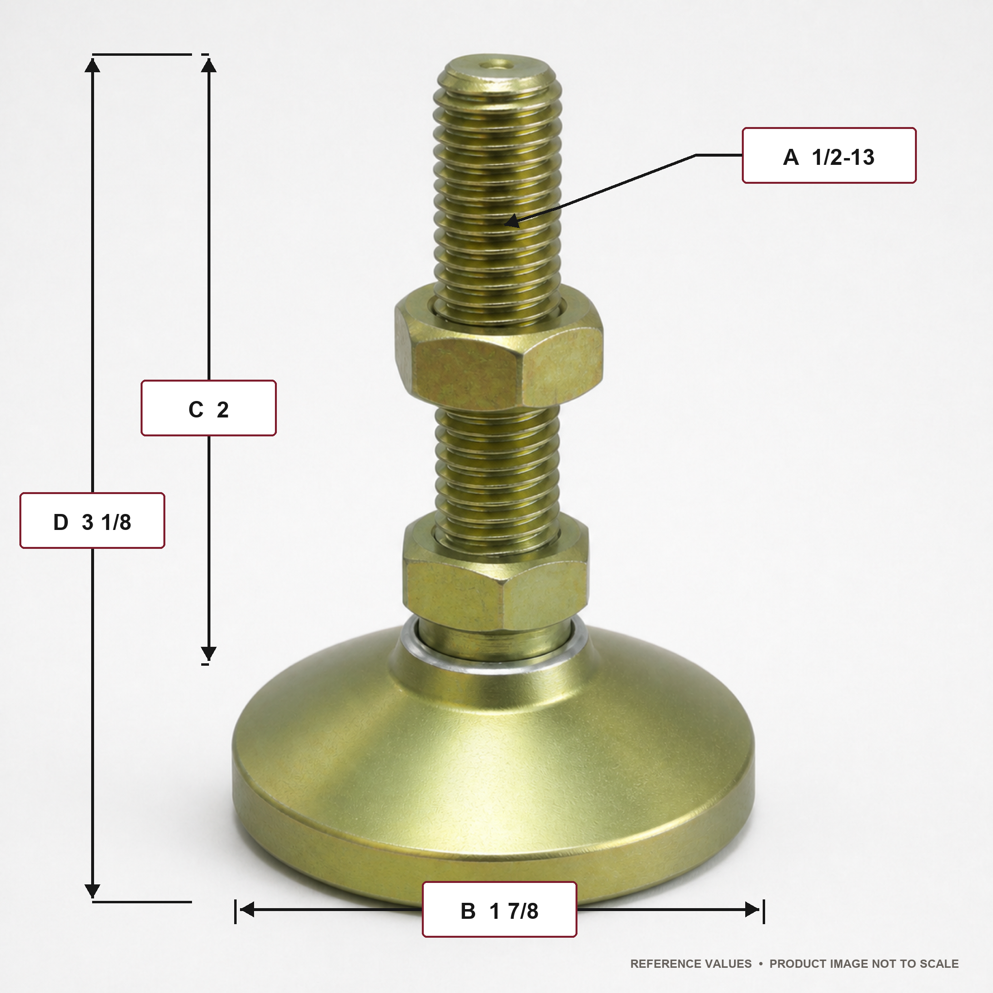 1/2"-13 x 2" Threaded Stud Steel Swivel 1.875" Base Leveling Mount - BSW-2 - dimension