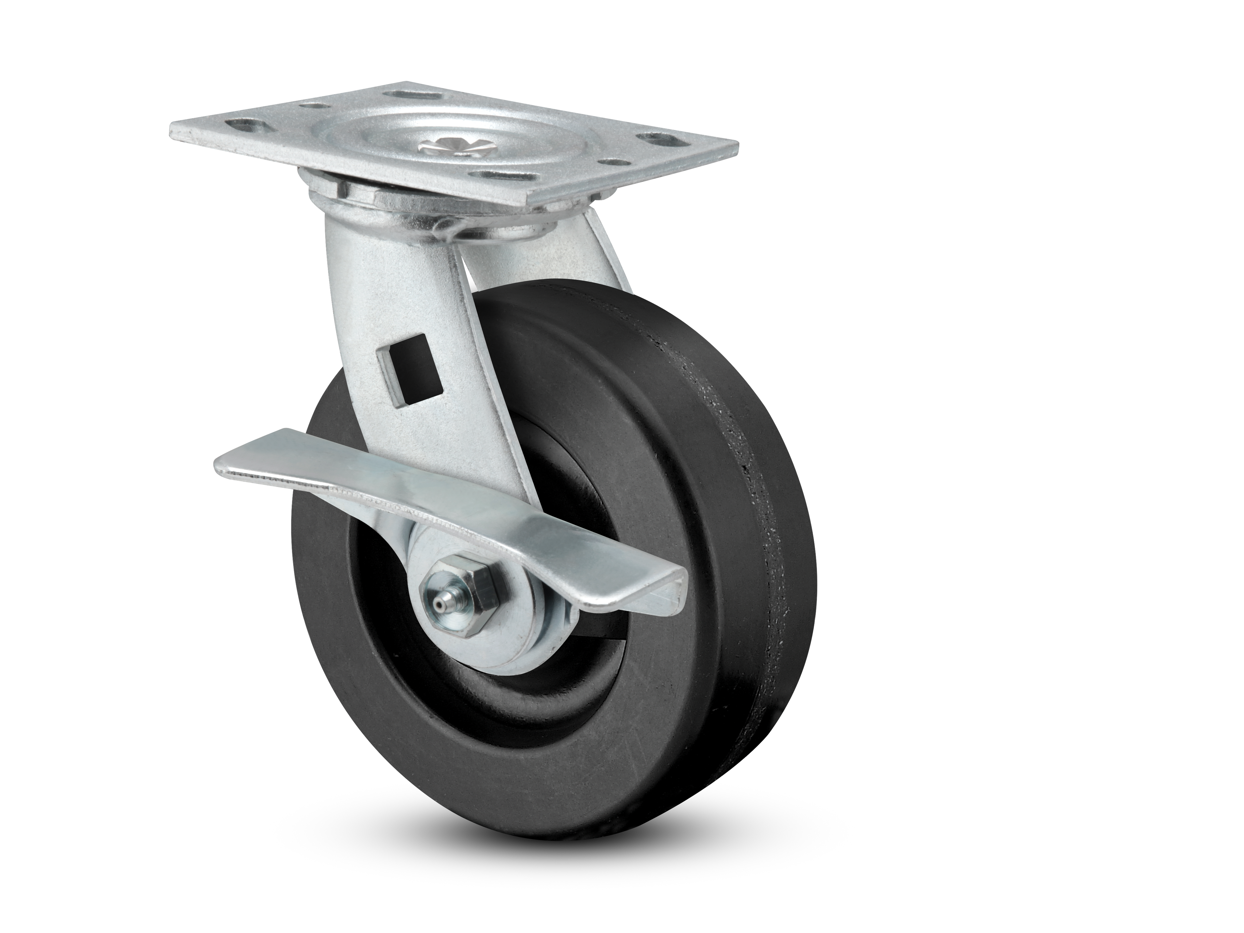 E-line Swivel 4"x2" Phenolic USA-Made Wheel 4"x4.5" Plate Caster w/ 5-Inch Cam Brake; Part# ES4X2PHNCAMS - Pemco