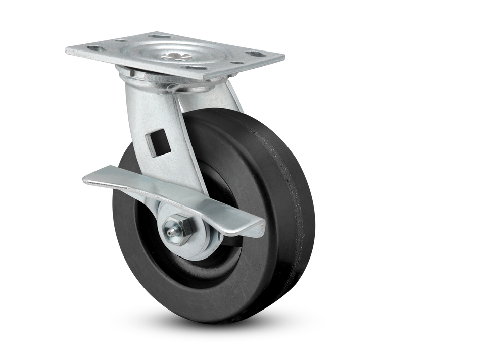 E-line Swivel 4"x2" Phenolic USA-Made Wheel 4"x4.5" Plate Caster w/ 5-Inch Cam Brake; Part# ES4X2PHNCAMS - Pemco