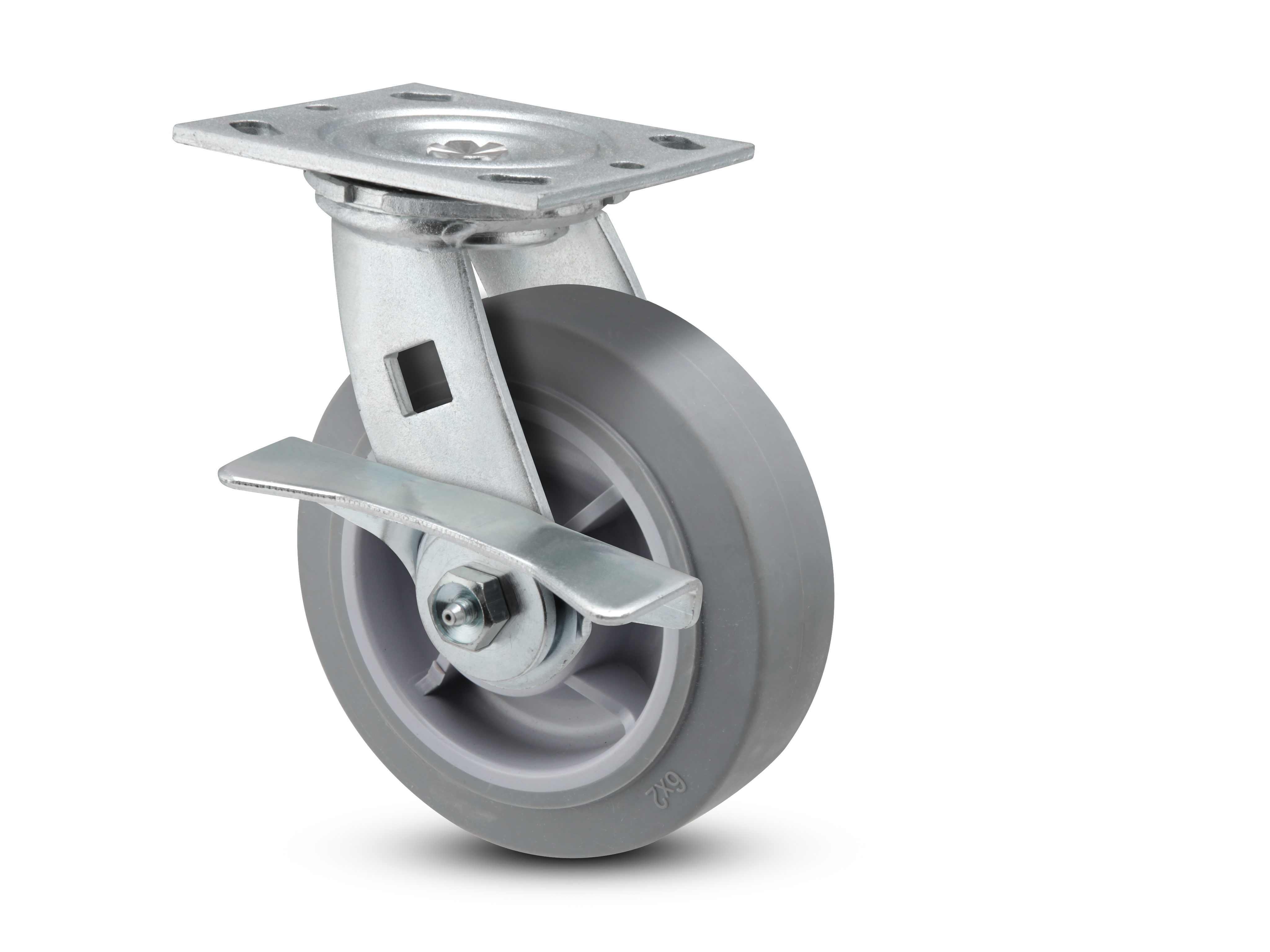 E-line Swivel 4"x2" Rubber USA-Made TPR Wheel 4"x4.5" Plate Caster With 5-Inch Cam Brake; Part# ES4X2TPRCAMS - Pemco