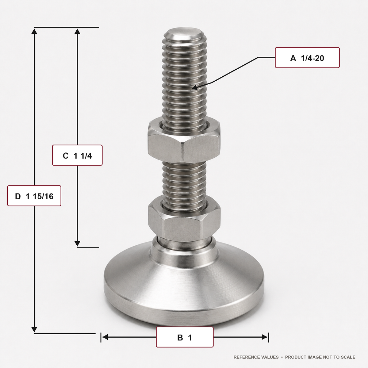 1/4"-20 x 1.25" Threaded Stainless Steel 1" Base Swivel Leveling Mount - SSW-0 - dimension