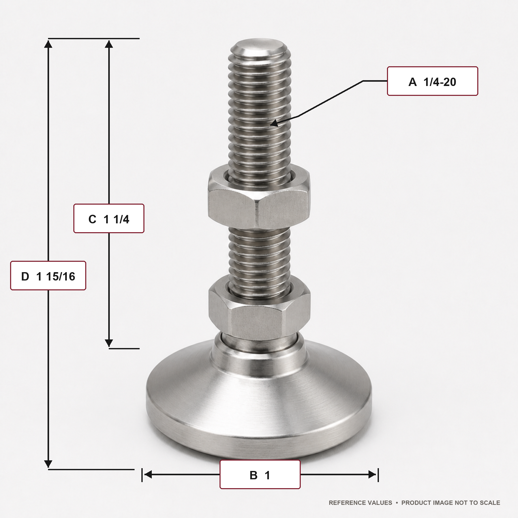 1/4"-20 x 1.25" Threaded Stainless Steel 1" Base Swivel Leveling Mount - SSW-0 - dimension