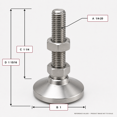 1/4"-20 x 1.25" Threaded Stainless Steel 1" Base Swivel Leveling Mount - SSW-0 - dimension