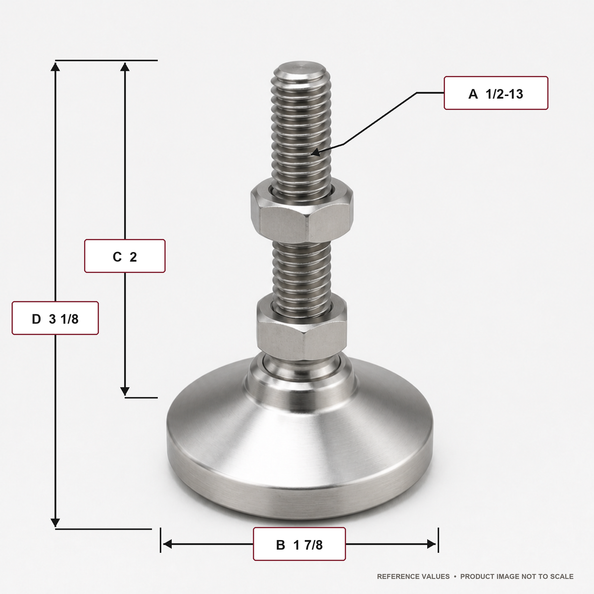1/2"-13 x 2" Threaded Stainless Steel 1.875" Base Swivel Leveling Mount - SSW-2 - dimension