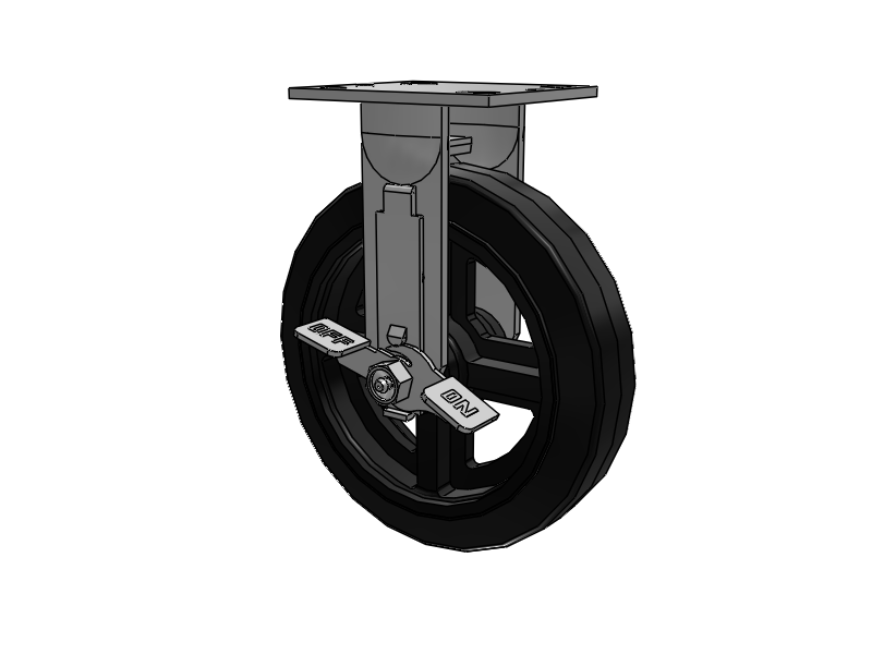 E-line Rigid 8"x2" Rubber-on-Iron Wheel 4"x4.5" Plate Caster w/ Tread Lock Brake; Part# ER8X2MORTBK - Pemco