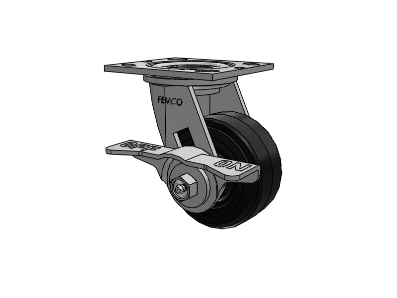 E-line Swivel 4"x2" Mold-on Rubber-on-Iron Wheel 4"x4.5" Plate Caster With 5-Inch Cam Brake; Part# ES4X2MORCAMS - Pemco