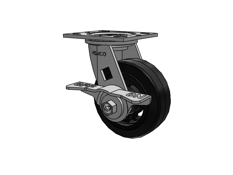 E-line Swivel 5"x2" Mold-on Rubber-on-Iron Wheel 4"x4.5" Plate Caster With 5-Inch Cam Brake; Part# ES5X2MORCAMS - Pemco