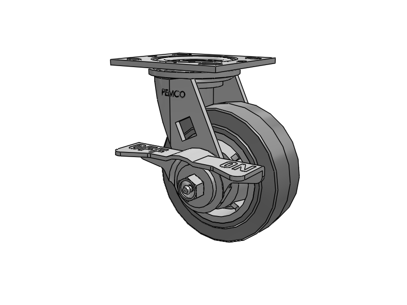 E-line Swivel 5"x2" Rubber USA-Made TPR Wheel 4"x4.5" Plate Caster With 5-Inch Cam Brake; Part# ES5X2TPRCAMS - Pemco