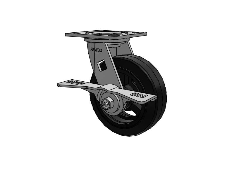 E-line Swivel 6"x2" Mold-on Rubber-on-Iron Wheel 4"x4.5" Plate Caster w/ 7-Inch Cam Brake; Part# ES6X2MORCAML - Pemco