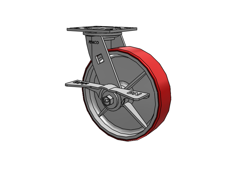 E-line Swivel 8"x2" Polyurethane-on-Iron Wheel 4"x4.5" Plate Caster With 7-Inch Cam Brake; Part# ES8X2MOPCAML - Pemco
