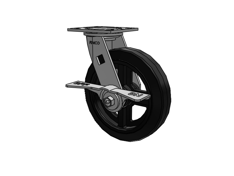 E-line Swivel 8"x2" Mold-on Rubber-on-Iron Wheel 4"x4.5" Plate Caster With 7-Inch Cam Brake; Part# ES8X2MORCAML - Pemco