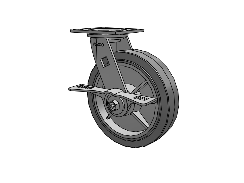 E-line Swivel 8"x2" Rubber USA-Made TPR Wheel 4"x4.5" Plate Caster With 7-Inch Cam Brake; Part# ES8X2TPRCAML - Pemco