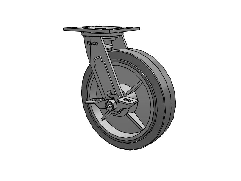 E-line Swivel 8"x2" Rubber USA-Made TPR Wheel 4"x4.5" Plate Caster With Tread Lock Brake; Part# ES8X2TPRDTBK - Pemco