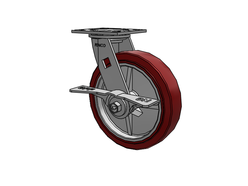 E-line Swivel 8"x2" Polyurethane (TPU) USA-Made Wheel 4"x4.5" Plate Caster With 7-Inch Cam Brake; Part# ES8X2TUMCAML - Pemco